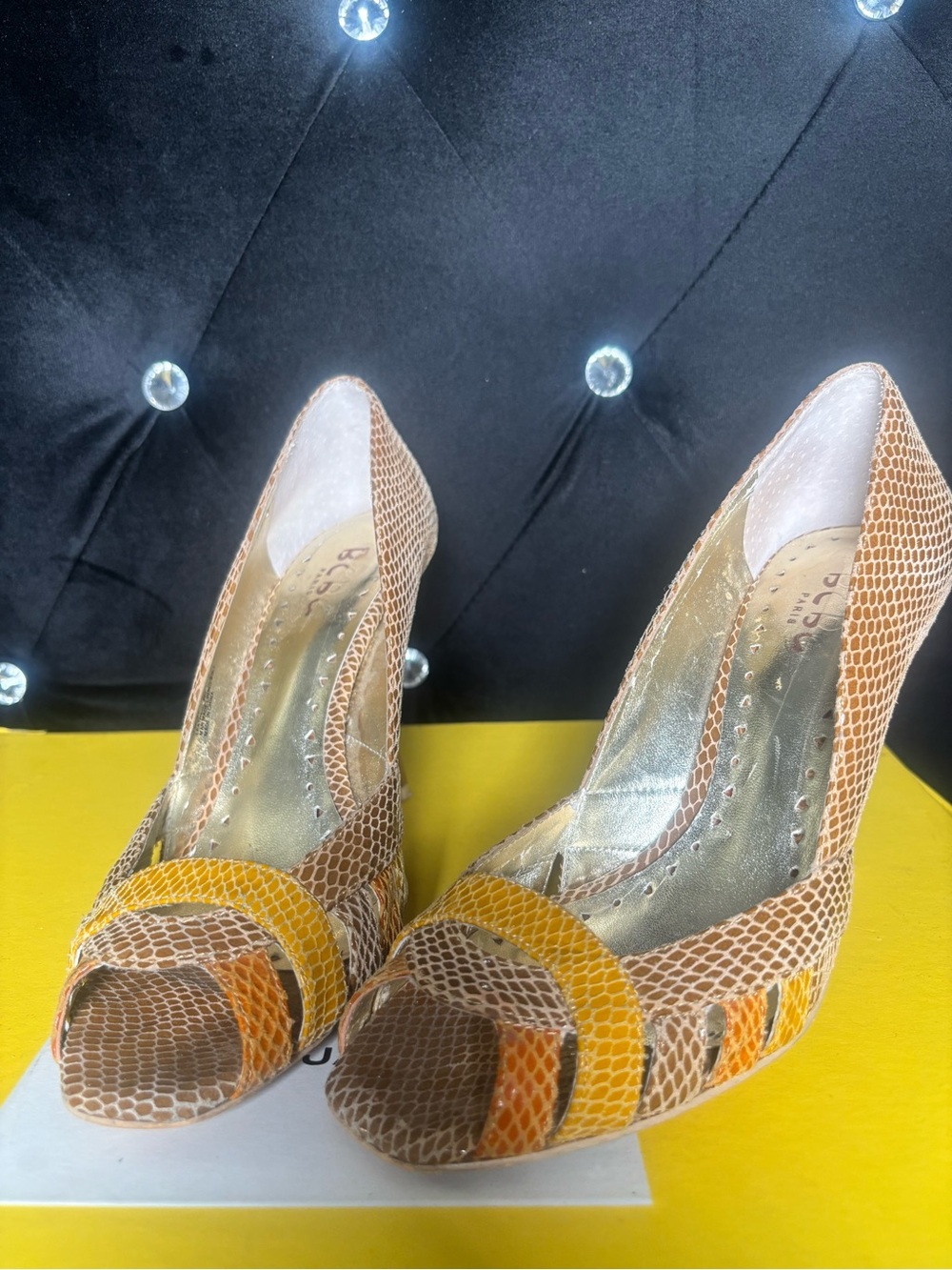 BCBG Paris Peep-Toe Snake-Print Heels in Brown and Yellow